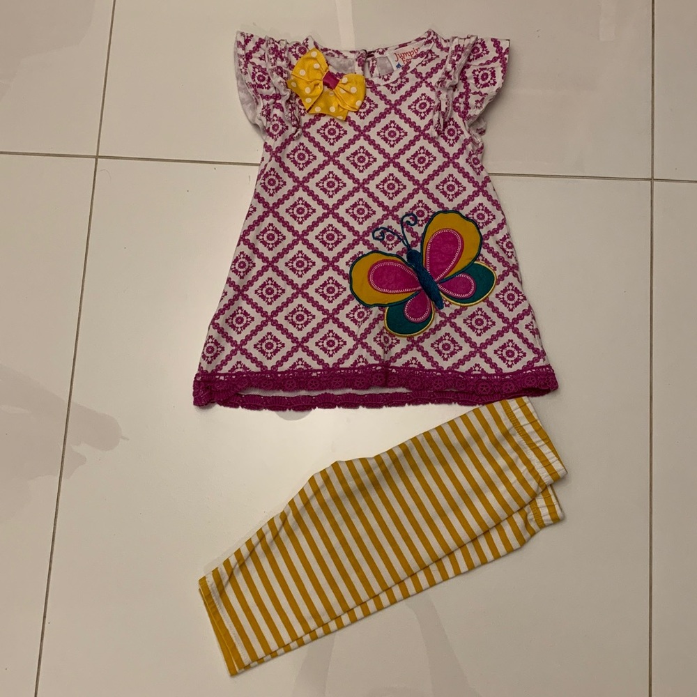 Purple Geometric Dress with Butterfly and Yellow Striped Leggings